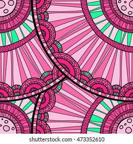 Seamless tribal abstract pattern about nature for printing on fabric or paper. Doodleart mandala design. Hand drawn forest background.