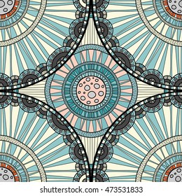 Seamless tribal abstract pattern about nature for printing on fabric or paper. Doodleart mandala design. Hand drawn forest background.