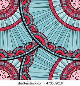 Seamless tribal abstract pattern about nature for printing on fabric or paper. Doodleart mandala design. Hand drawn forest background.