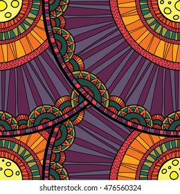 Seamless tribal abstract pattern about nature for printing on fabric or paper. Doodleart mandala design. Hand drawn forest background.