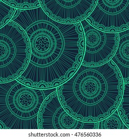 Seamless tribal abstract pattern about nature for printing on fabric or paper. Doodleart mandala design. Hand drawn forest background.