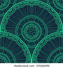 Seamless tribal abstract pattern about nature for printing on fabric or paper. Doodleart mandala design. Hand drawn forest background.