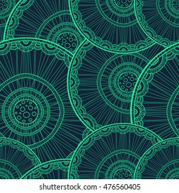 Seamless tribal abstract pattern about nature for printing on fabric or paper. Doodleart mandala design. Hand drawn forest background.