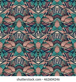 Seamless tribal abstract pattern for printing on fabric or paper. Hand drawn background.