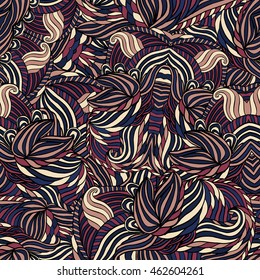 Seamless tribal abstract pattern for printing on fabric or paper. Hand drawn background.