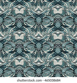 Seamless tribal abstract pattern for printing on fabric or paper. Hand drawn background.