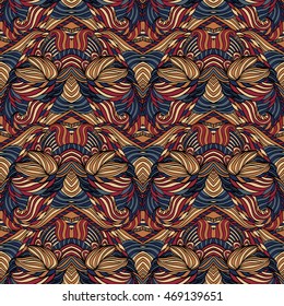 Seamless tribal abstract pattern for printing on fabric or paper. Hand drawn background.