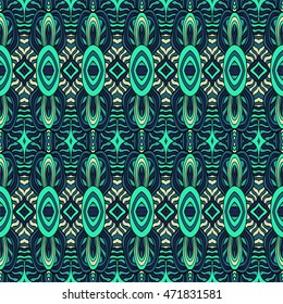 Seamless tribal abstract pattern for printing on fabric or paper. Hand drawn background.