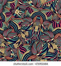 Seamless tribal abstract pattern for printing on fabric or paper. Hand drawn background.