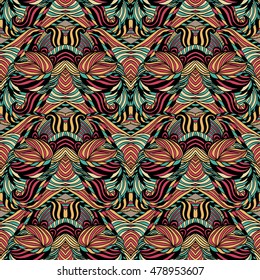 Seamless tribal abstract pattern for printing on fabric or paper. Hand drawn background.