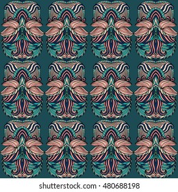 Seamless tribal abstract pattern for printing on fabric or paper. Hand drawn background.