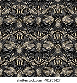 Seamless tribal abstract pattern for printing on fabric or paper. Hand drawn background.