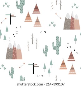 Seamless tribal adventure pattern. Baby vector background with teepees, mountains, cacti and arrows. Wildlife with animal tracks. Creative kids print. Indian pattern in boho style