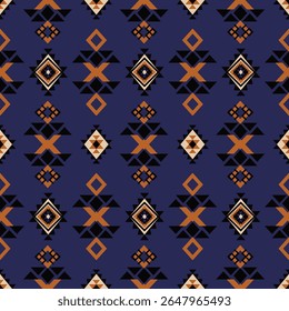 Patrón azteca tribal sin costuras: diseño textil boho geométrico audaz en azul marino y naranja. el diseño es perfecto para impresiones de telas, decoración del hogar, Fondo de pantalla, papel de regalo, fondos digitales.