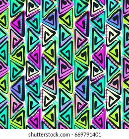 Seamless tribal boho pattern. Hand painted expressive ethnic flovoured motifs for textile,wrapping, decoration.