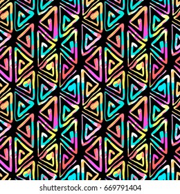 Seamless tribal boho pattern. Hand painted expressive ethnic flovoured motifs for textile,wrapping, decoration.
