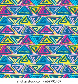Seamless tribal boho pattern. Hand painted expressive ethnic flovoured motifs for textile,wrapping, decoration.