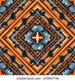 Seamless tribal boho pattern. Hand painted expressive ethnic flovoured motifs for textile,wrapping, decoration.
