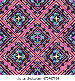 Seamless tribal boho pattern. Hand painted expressive ethnic flovoured motifs for textile,wrapping, decoration.