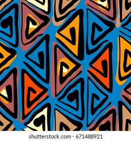 Seamless tribal boho pattern. Hand painted expressive ethnic flovoured motifs for textile,wrapping, decoration.