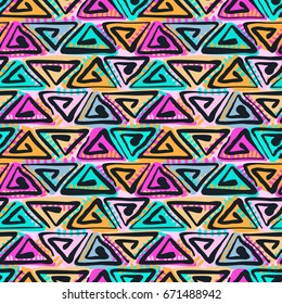Seamless tribal boho pattern. Hand painted expressive ethnic flovoured motifs for textile,wrapping, decoration.
