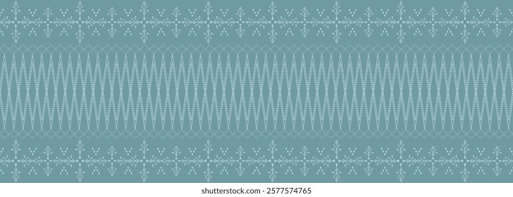 Seamless tribal border traditional pattern,light gray geometric motifs on a teal background. Represents Thai art,cultural heritage for fabric prints,backgrounds,wallpaper,carpet