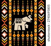 Seamless tribal elephant pattern with geometric triangles, arrows, and chevrons in warm orange, gold, and beige on black. Ethnic vector design for textile, wallpaper, and print.