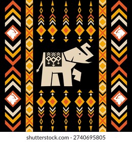 Seamless tribal elephant pattern with geometric triangles, arrows, and chevrons in warm orange, gold, and beige on black. Ethnic vector design for textile, wallpaper, and print.