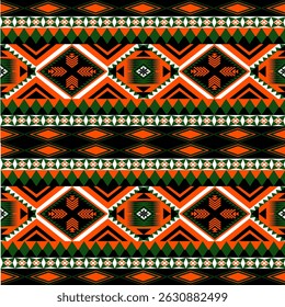 Padrão étnico tribal contínuo com formas geométricas arrojadas em vermelho, verde e preto. Perfeito para têxteis, fundos e projetos de design.