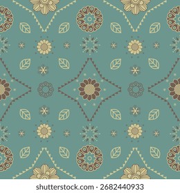 Seamless tribal floral pattern with geometric shapes and decorative leaves in earthy yellow and brown on teal green background, perfect for textile, wallpaper, or digital design.