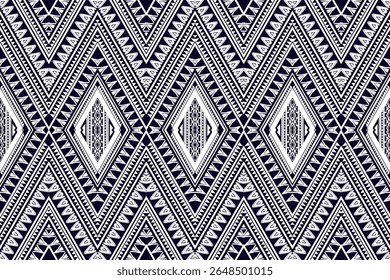 Seamless tribal geometric pattern in black and white. Intricate symmetrical design with ethnic, Aztec-inspired diamond shapes, arrows, and decorative lines, ideal for textiles, wallpapers