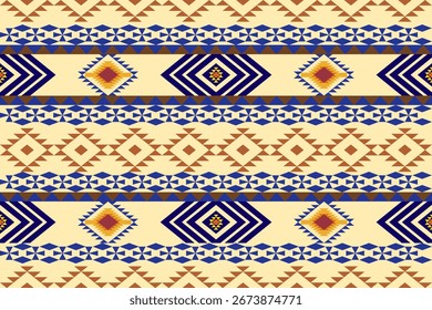 Seamless tribal geometric pattern with bold diamond shapes and ethnic motifs in blue, brown, and yellow tones. Perfect for textiles, wallpapers, rugs, wrapping paper, and decorative projects.