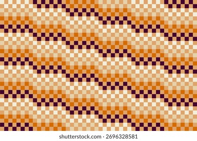 Nahtloses geometrisches Stammesmuster mit Diamanten- und Dreiecksformen in Orange-, Creme- und dunkelvioletten Tönen, perfekt für textile, Tapeten- oder ethnische Designhintergründe.