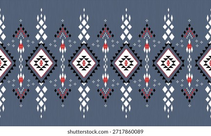 Padrão geométrico tribal sem costura com motivos em diamante em cinza, preto, branco e vermelho, inspirado em projetos têxteis do Sudoeste e dos nativos americanos para uso moderno de decoração e tecido.