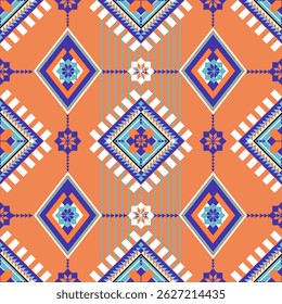 A seamless tribal geometric pattern featuring vibrant orange, deep blue, and turquoise tones. Inspired by ethnic textile motifs, this bold and symmetrical design is ideal for fabric prints, wallpapers