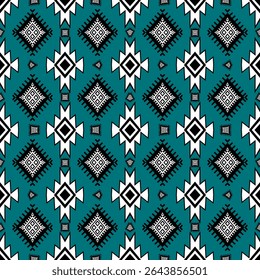 A seamless tribal geometric pattern featuring diamond shapes and arrow motifs in teal and black. Perfect for ethnic textile design, fashion prints, and boho-style backgrounds.