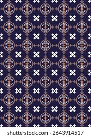 A seamless tribal geometric pattern featuring circular and diamond shapes in navy blue, white, and orange. Ideal for textiles, backgrounds, ethnic prints, and digital designs.