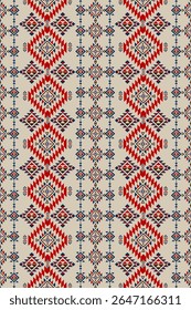 A seamless tribal geometric pattern featuring symmetrical diamond and triangle motifs in red, brown, and navy on a beige background. Ideal for textile, wallpaper, and ethnic-themed design projects.