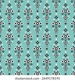 Seamless Tribal Geometric Pattern Featuring Pink, Blue, and Black Diamond Motifs with Pastel Ornamental Elements, Ethnic Textile Inspired Abstract Design for Fabric, Wallpaper, and Crafts