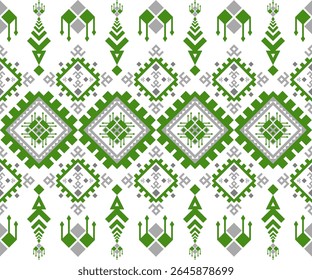 Patrón geométrico tribal sin costuras en tonos verdes y grises, inspirado en textiles del sudeste asiático. Ideal para impresiones de tela, Fondos de pantalla, papel de regalo y fondos de diseño cultural.