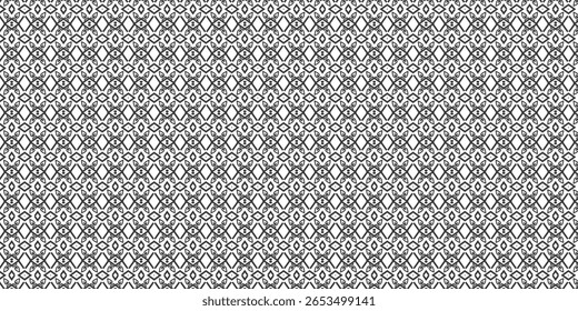 Patrón geométrico tribal sin fisuras en monocromo. Los motivos repetitivos de diamantes y hojas crean un diseño textil étnico y atrevido. Perfecto para la tela, el Fondo de pantalla o el arte digital.
