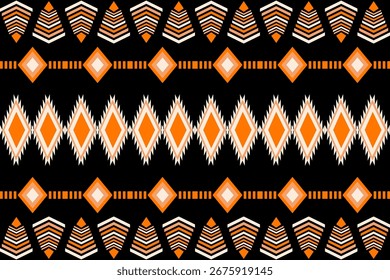 Nahtloses geometrisches Stammesmuster in Orange, Schwarz und Weiß. Perfekt für ethnische Textilien, Tapeten, Modestoffe, kulturelle Dekoration und abstraktes Volkskunstdesign.