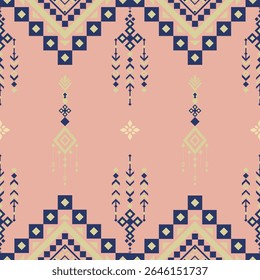 Padrão geométrico tribal sem costura em rosa suave e azul marinho. Ideal para tecidos de moda, decoração doméstica, papel de embrulho ou aplicações digitais. Estilo plano e mínimo com uma vibração quente e cultural.