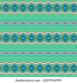 Padrão geométrico tribal sem costura em azul-petróleo, verde e rosa com desenhos de diamante e listras. Ideal para têxteis, impressões digitais e decoração de inspiração étnica.