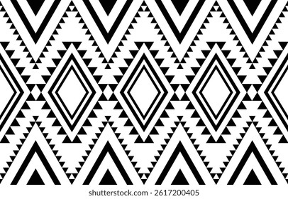 Seamless tribal geometric vector pattern in black and white, featuring bold diamond and triangle motifs. Ideal for textile design, fashion prints, packaging, and ethnic-inspired creative projects.