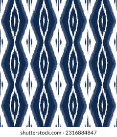 Seamless Tribal Ikat Ogee Pattern in  Blue and White. Vector Geo Ethnic Motif for Textile, Fabric, Home Decor, Background, Gift, Homeware, Surface Design, Wrapping Paper, Ornament Print, Carpet.