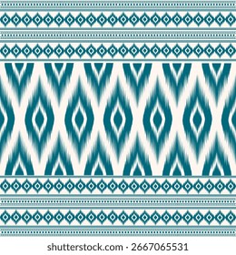 Seamless tribal ikat pattern in turquoise and white with geometric diamond shapes and decorative stripes, perfect for fabric, wallpaper, and ethnic designs.