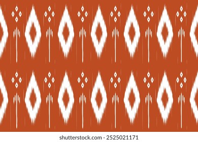 Seamless tribal ikat vector pattern in burnt orange and white. Ideal for textile prints, ethnic packaging, boho graphics, and cultural-themed projects.