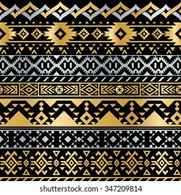 Seamless Tribal Metallic Pattern for Textile Design. Geometrical Ethnic Ornament in Flash Tattoo Style