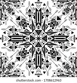 Nahtlose Stammesstruktur. Schwarze handgezeichnete Tracerezeichnung auf weißem Hintergrund. Vektorillustration Boho Muster für Stoffe, Decken, Wallpaper und Ihre Kreativität.